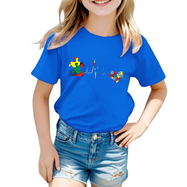 WERYOUNG T-Shirts Filles Garçons Été Décontracté Imprimé Cœur d'Amour Manches Courtes Col Rond T-Shirts Bébé Adorables, Bleu, 6-7 Ans