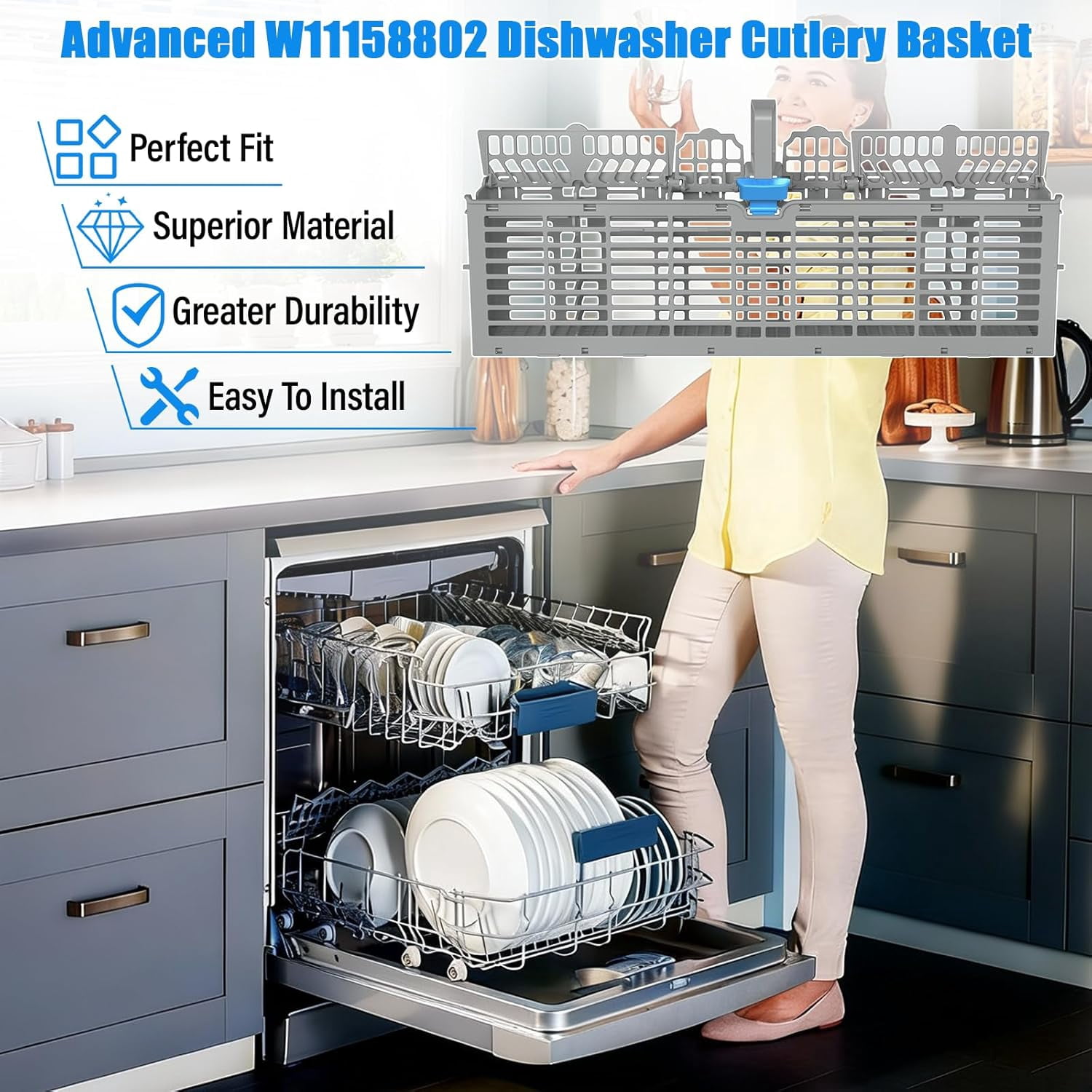 UPGRADED  Dishwasher Silverware Basket Compatible with Whirlpool Dishwasher Silverware Basket Parts 8535075 Utensil Basket W10360461 W10629541 PS12347808 WDF520PADM0 WDF730PAYM0