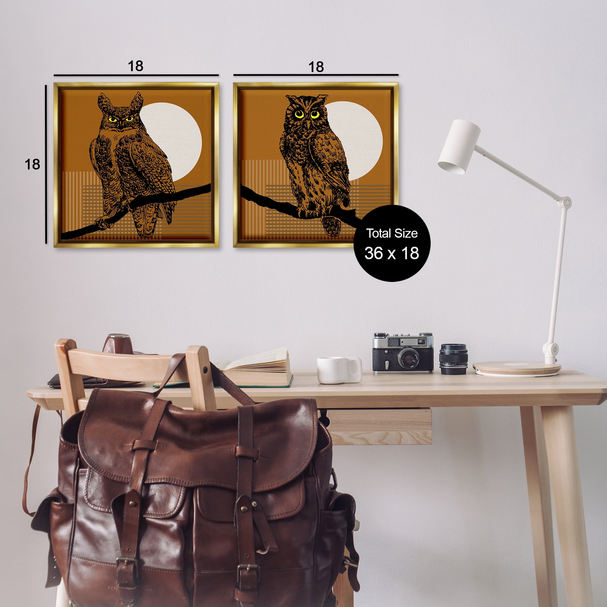 Stupell Industries Full Moon Owls on Branch Animals Painting Gold Floater Framed Canvas Art Print Wall Art, 18 x 18, Set of 2