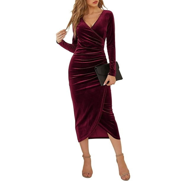 Burgundy velvet cheap long sleeve dress