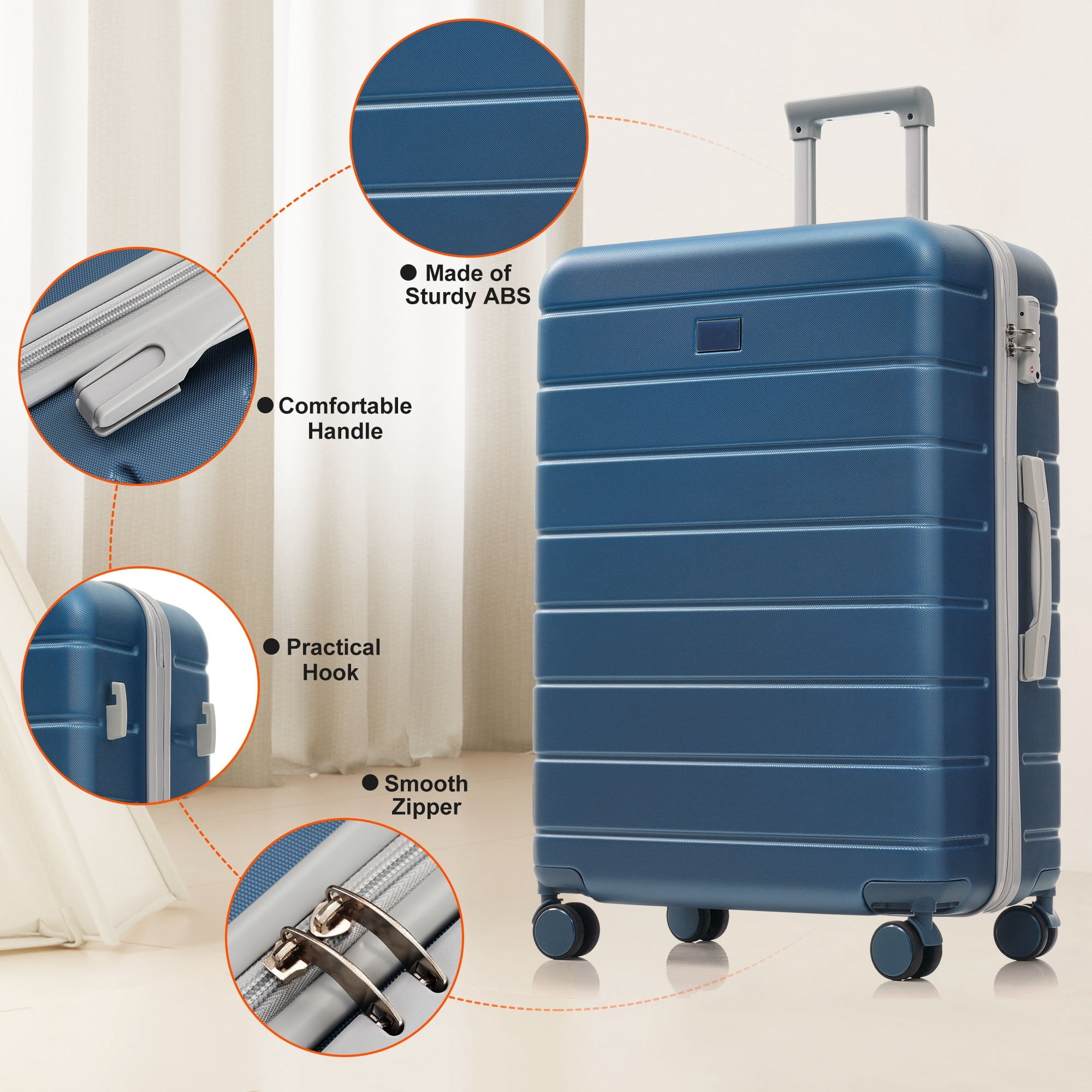 Euroco 3 Piece Luggage Sets, Lightweight Durable ABS Suitcase with Spinner Wheels and TSA Lock for Men Women(20"/24"/28"),Blue