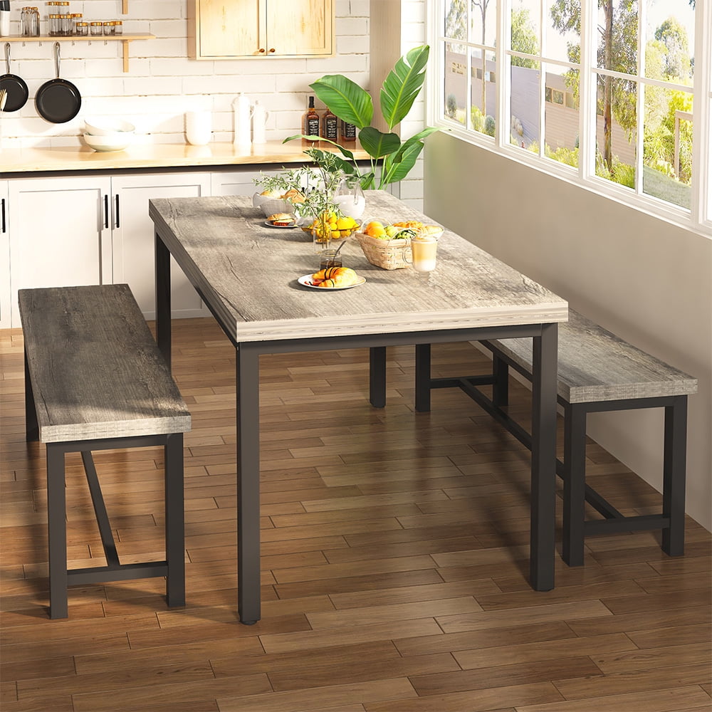 LinkRomat 3 Piece Dining Room Table Set for 4, 47" Farmhouse Dining Table with Benches, Rectangular Kitchen Sets for Small Space, Apartment, Restaurant, Grey & Black