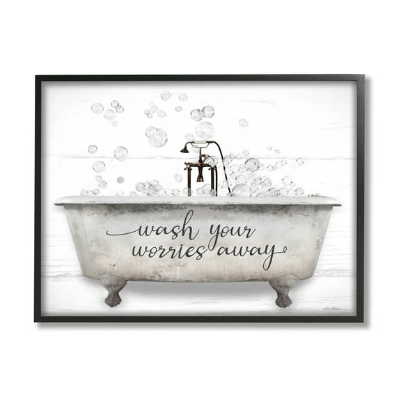 Stupell Wash Your Worries Away Tub Bubbles Typography Painting Black Framed Art Print Wall Art