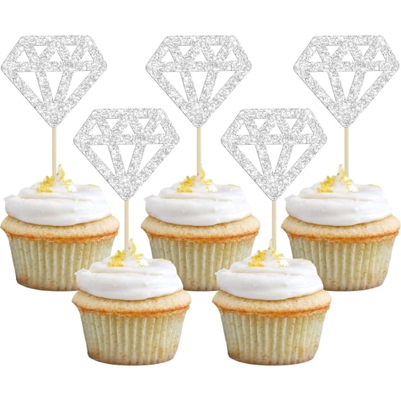 12Pcs Silver Glitter Diamond Cupcake Toppers, Wedding Bridal Shower Party Cake Decorations