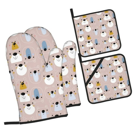 

Zeuib Cute Hand Drawn Bear Oven Mitts and Potholders BBQ Gloves Kitchen Oven Glove High Heat Resistant 500 Degree Extra Long Oven Mitts and Potholder with Non-Slip Silicone Surface for Cooking