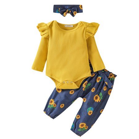 

Jdefeg Baby New Born Baby Girls Long Sleeve Ruffled Romper Blouse Tops Print Trousers Pants with Headbands Outfit Set Clothes 3Pcs Baby Girl Heart Cotton Yellow 70