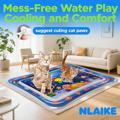 2 Pieces Upgraded Thickened Cat Water Mat,Interactive Cat Toy for Indoor Cats to Exercise, Hunting,Swatting, Anti-Scratch Leak Proof Foldable Water Sensory Play Mat with Fish for Pet Play