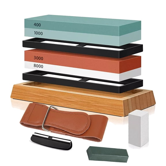Knife Sharpening Whetstone Set, Complete Knife Sharpener Kit with400/1000/3000/8000 Grit Dual Sided Water Sharpening Stone Non-Slip Bamboo Base, Angle Guide, Flattening Stone, Leather Honing Strop