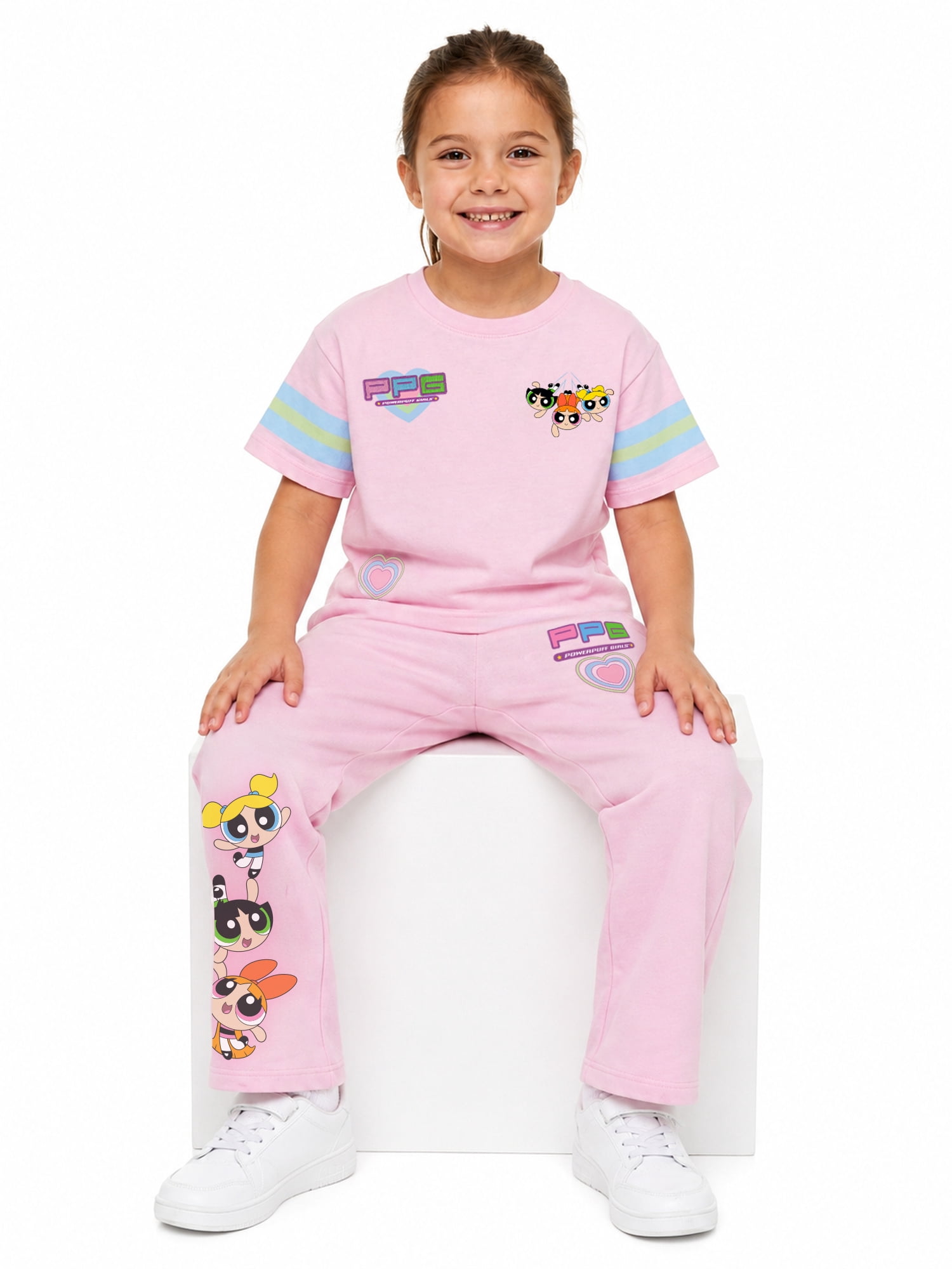 Powerpuff Girls Girls' Athletic Front & Back T-shirt with Embroidery & Straight Leg Fleece Pants, 2-Piece, Sizes 4-16