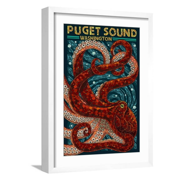 Art.com Puget Sound, Washington - Octopus Mosaic Art Print by Lantern Press, White Frame Wall Art, 17" x 23"