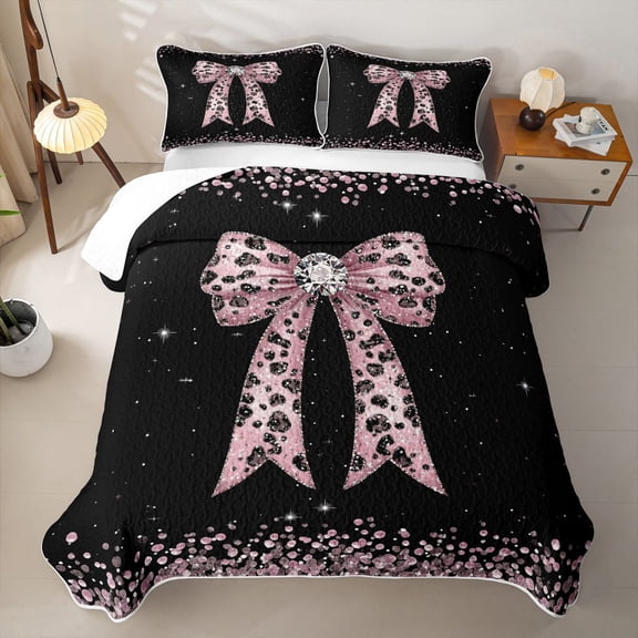Manfei Cheetah Print Bowknot Twin Quilt Set for Girls Women,Bling Crystal Sequins Twin Coverlet Set