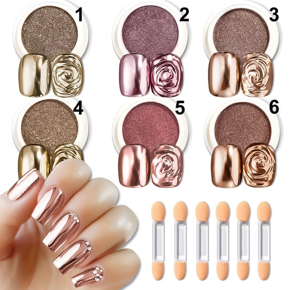 6 Jars Chrome Nail Powder Kit Metallic Mirror Holographic Glitter Dust