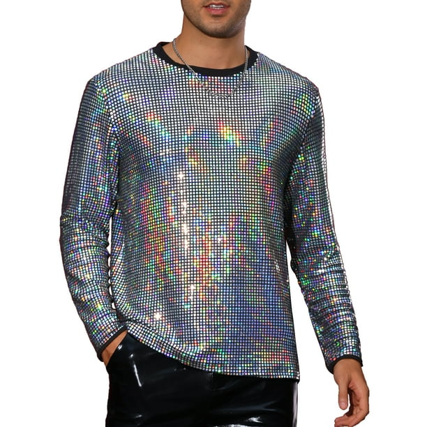 Camiseta de lentejuelas brillantes INSPIRE CHIC para hombre, de cuello redondo y manga larga, camiseta metálica para fiesta disco