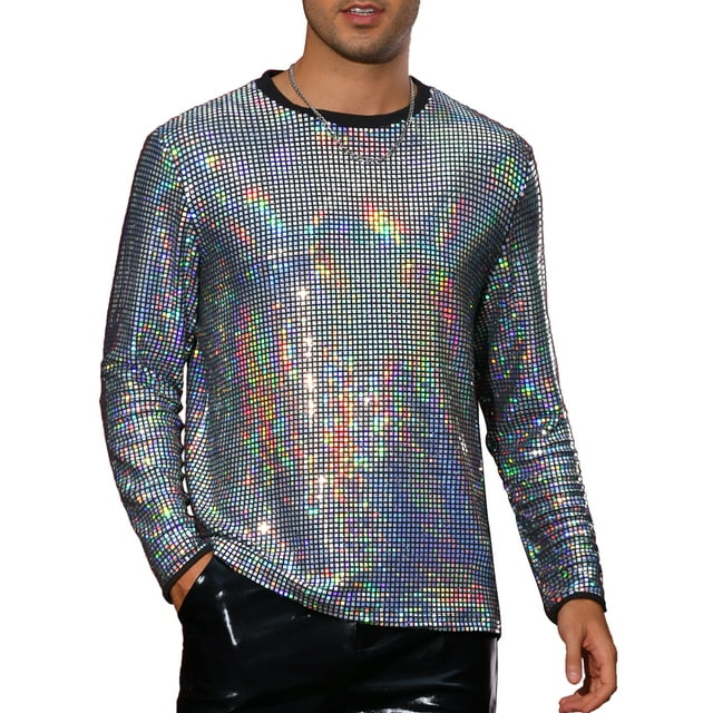 Camiseta de lentejuelas brillantes INSPIRE CHIC para hombre, de cuello redondo y manga larga, camiseta metálica para fiesta disco