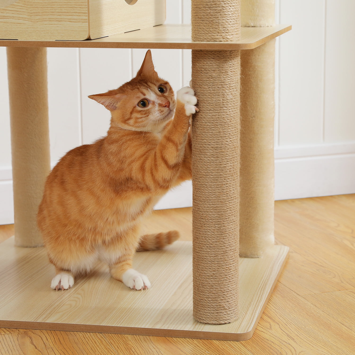 Kadyn 71" Wooden Cat Tree Tower for Multiple Cats, Modern Cat Tree House with Cat Condo for Indoor Cats, Beige