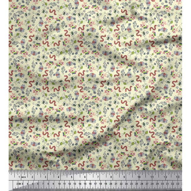 Soimoi Satin Silk Fabric Earthworm,Fruit & Insect Printed Fabric 1 Yard 42 Inch Wide
