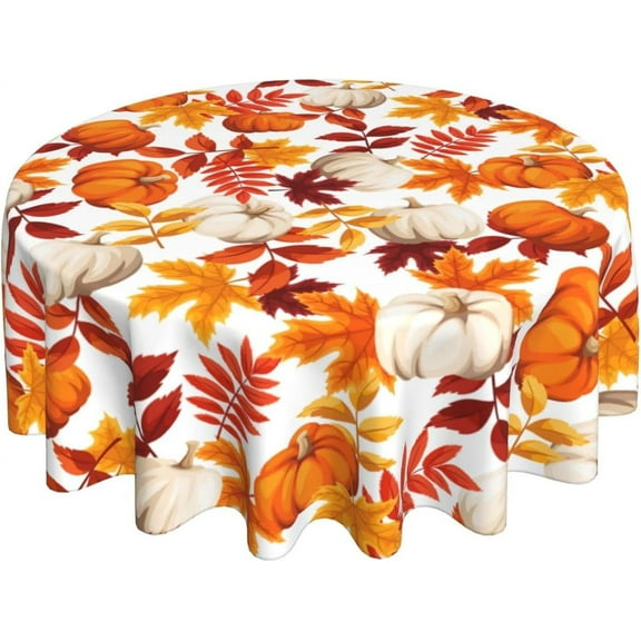 Fall Round Tablecloth 60 Inch Thanksgiving Harvest Autumn Pumpkin Fallen Leaves Maple Leaf Print Decorative Table Cloth Holiday Decorations Seasonal Decor for Home Kitchen Dining Room Picnic Party