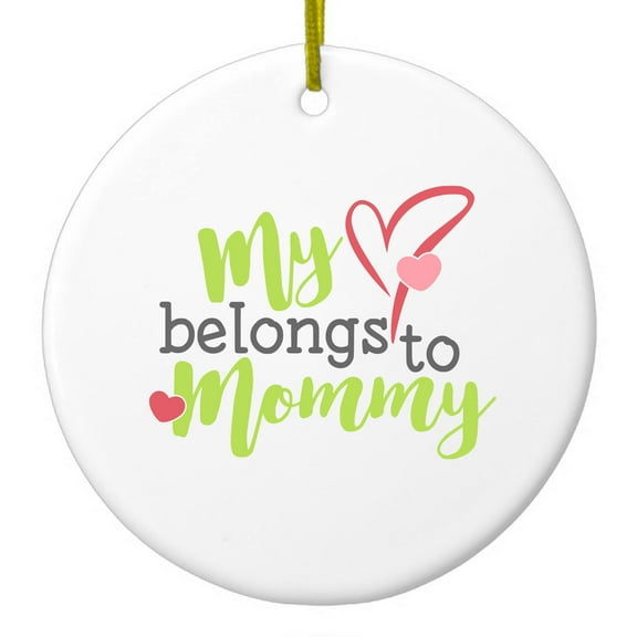 DistinctInk Hanging Ceramic Christmass Tree Ornament with Gold String - Great Gift / Present - 2 3/4 inch diameter - My Heart Belongs to Mommy