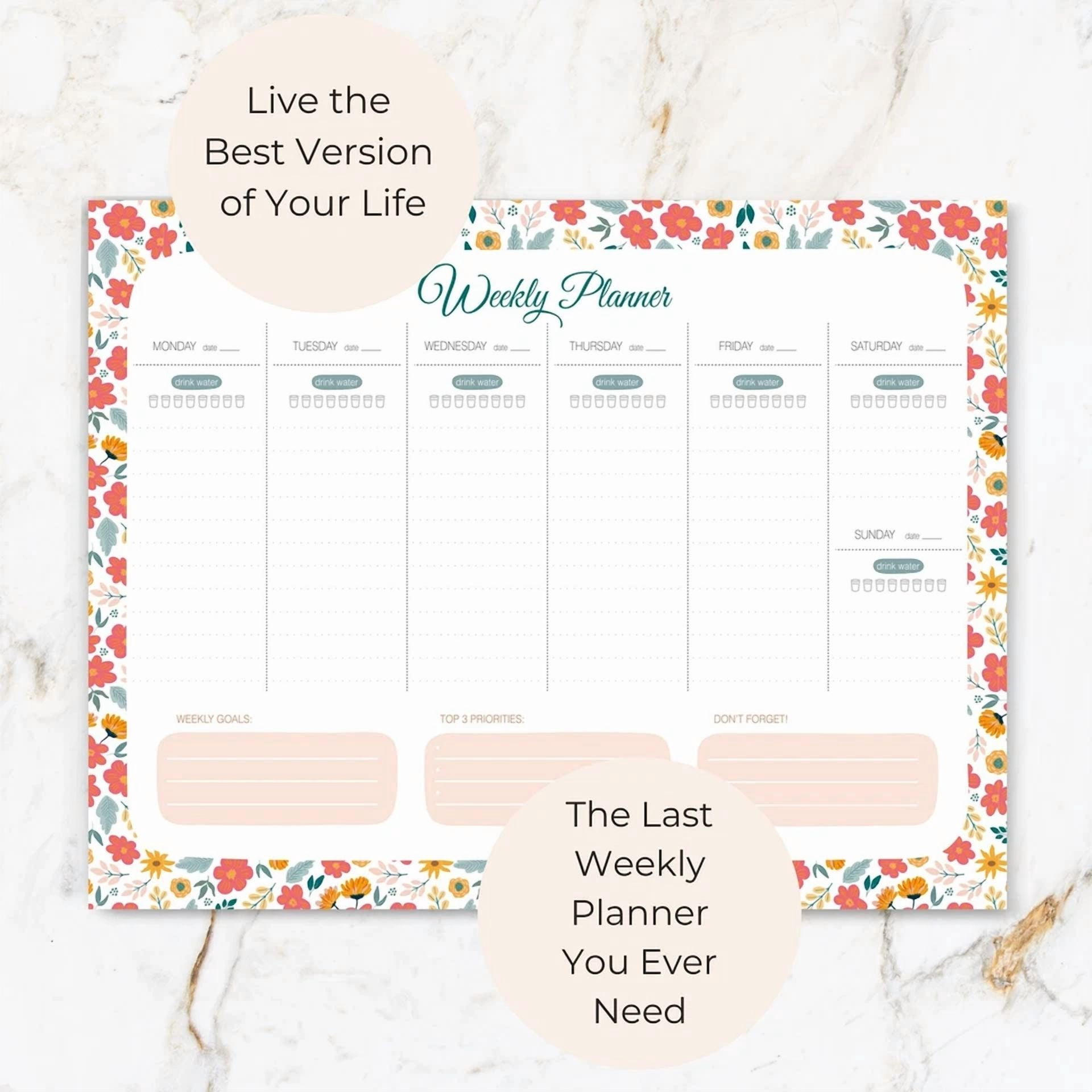 Floral Weekly Planner -To-Do List With Water Tracker And 52 Tear-Off Sheets
