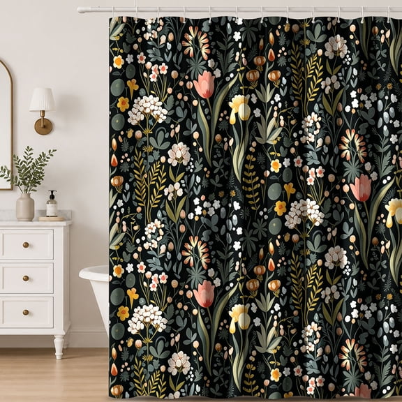 Vintage Floral Fabric Shower Curtain Dark Background Wildflower Botanical Print Decorative Bathroom Curtain for Farmhouse Bath Decor