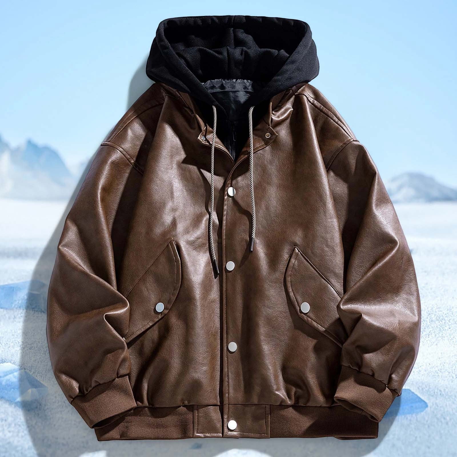 MIXUE Mens Coats And Jackets Autumn Winter Leather Solid Color Hooded Button Down Long Sleeve Slim Fit Casual Coat Activewear,Brown,M