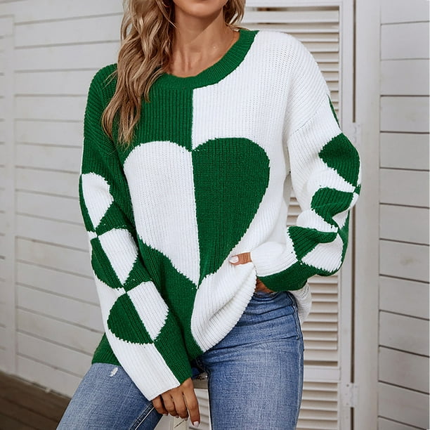 Pntutb Suéter de cuello redondo para mujer Suéter suelto de manga larga de otoño e invierno Amor Costura Ocio Pntutb Pntutb-1204