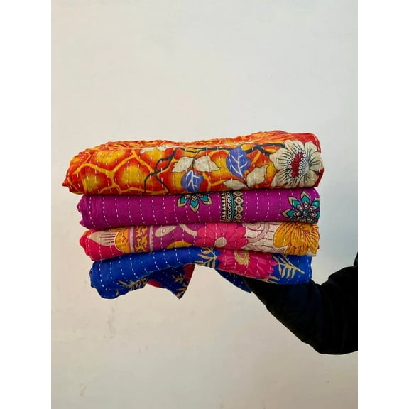 4 PC's Handmade Cotton Twin Kantha Quilt Boho Sari Kantha Throws, Blankets and Bedspreads