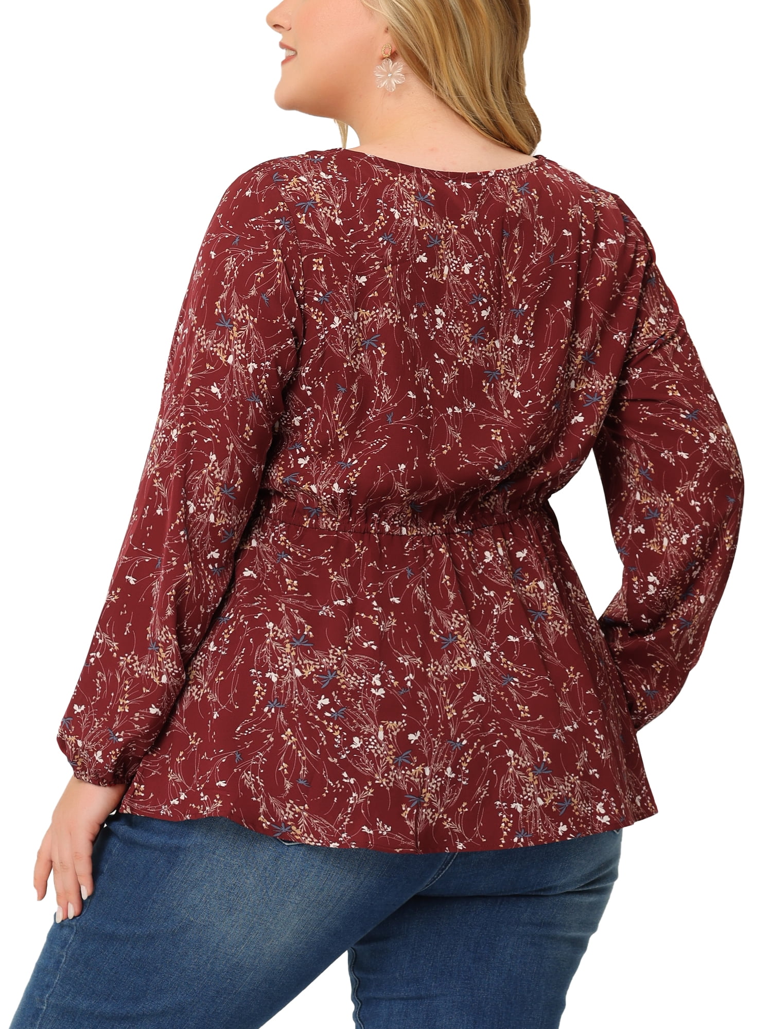 DARING DIVA Women's Plus Size Floral Print Long Sleeve Belt Tie Peplum Top 3X Red