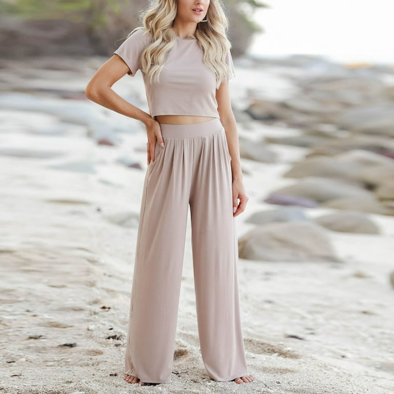 DxhmoneyHX Women's Summer 2 Piece Outfits Short Sleeve Crop Top