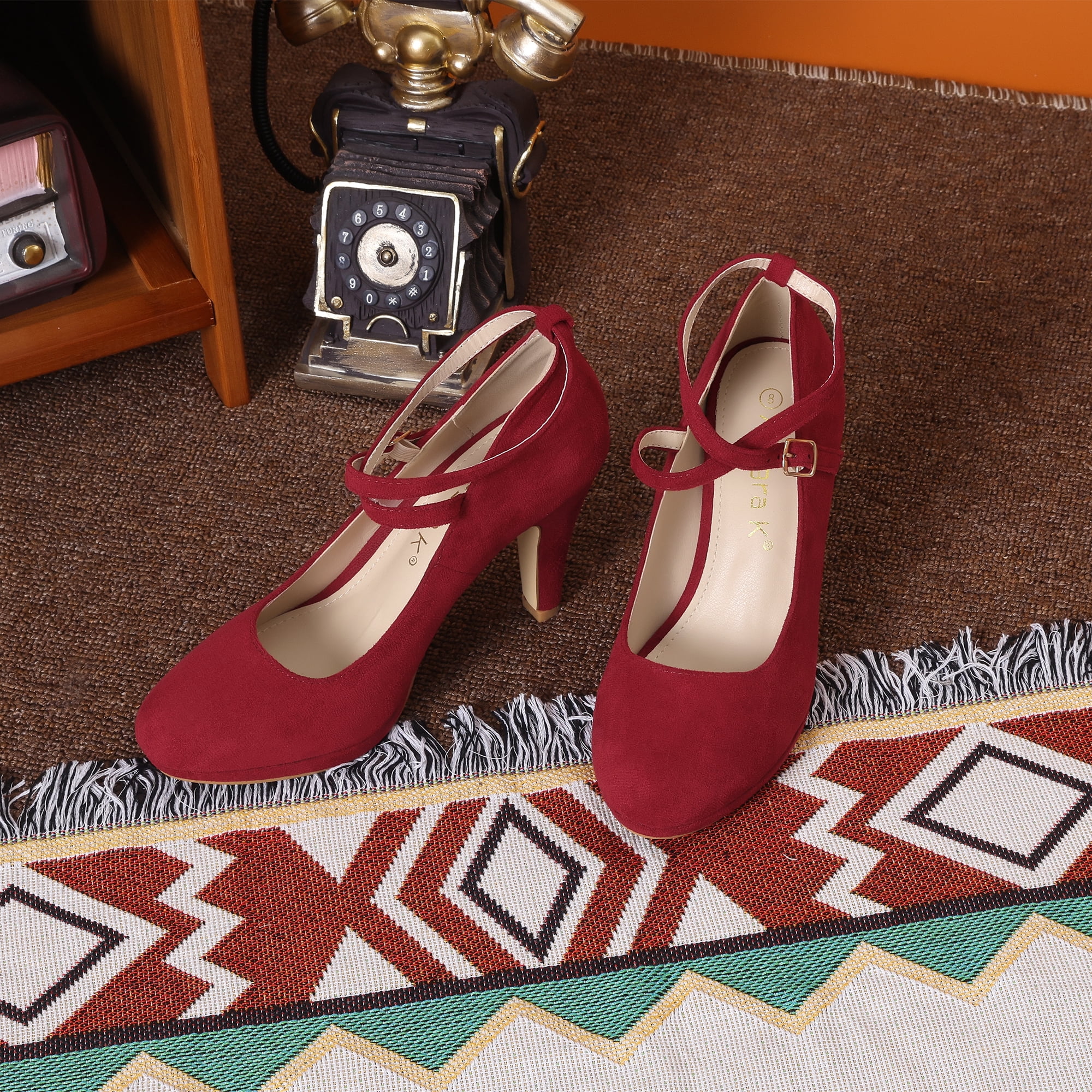 DARING DIVA Women's Platform Cross Strap Stiletto Heels Mary Jane Pumps Burgundy 8