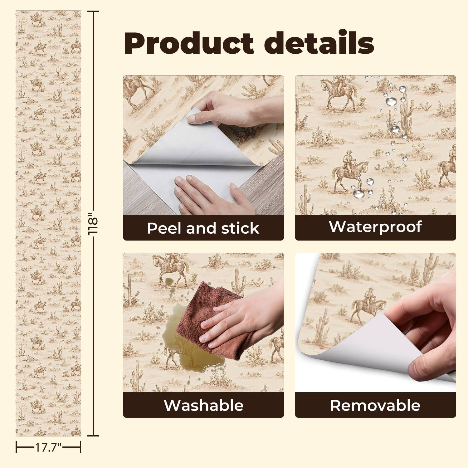 Peel and Stick Wallpaper 17.7in x 9.8ft Western Cowboy Desert Landscape Toile Sepia Contact Paper Vinyl Waterproof Self Adhesive Wall Paper for Bedroom Shelf Cabinet Renter Friendly