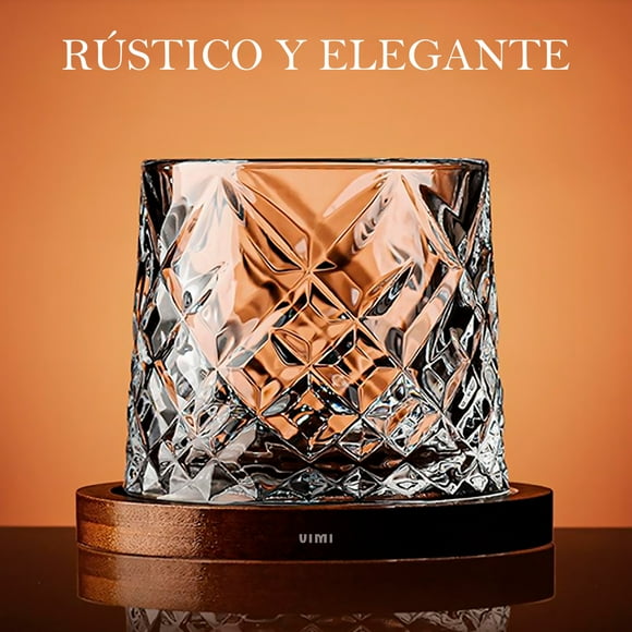 Vaso Giratorio De Vidrio VIMI Con Base De Madera Para Whisky Y Cocteles