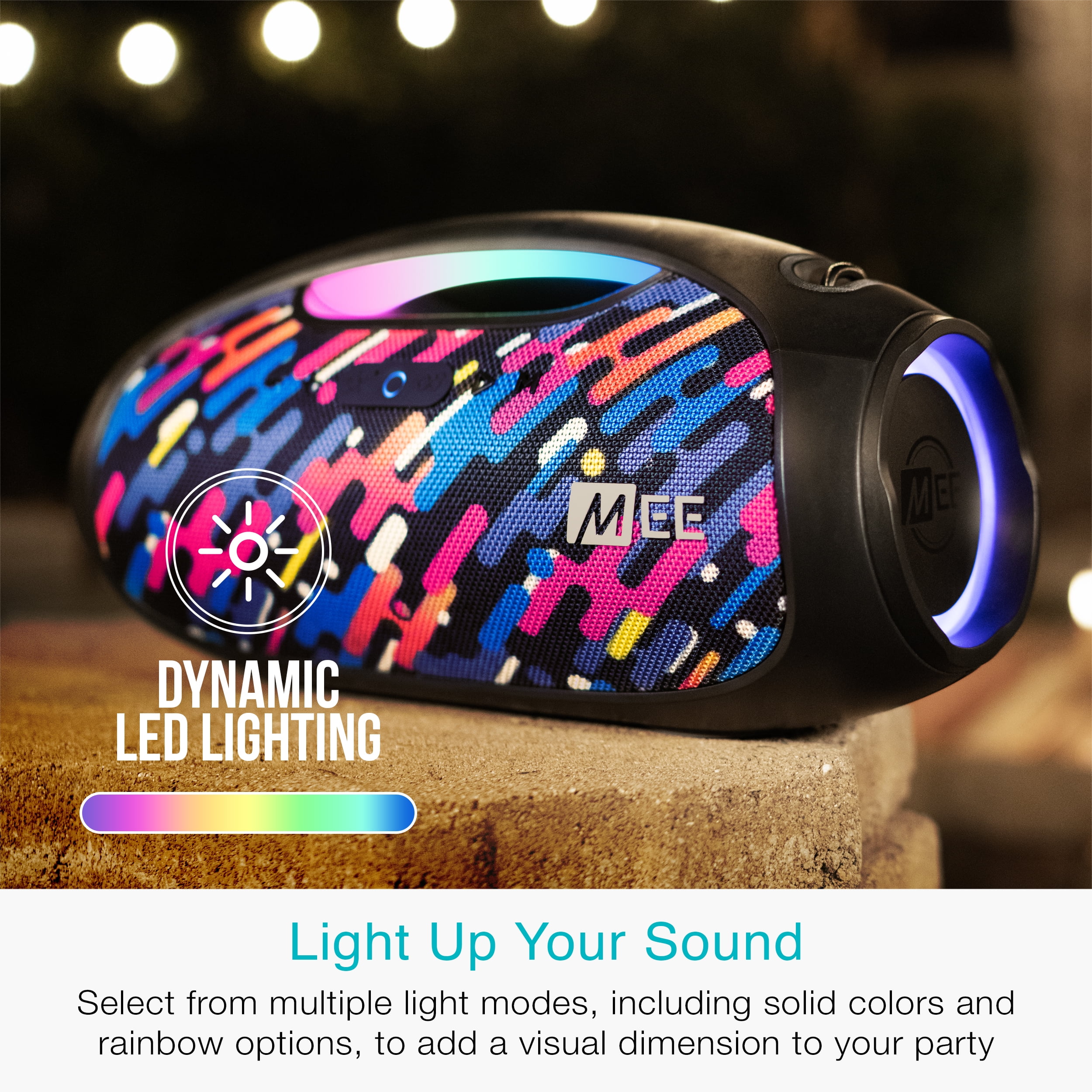 MEE audio partySPKR Bluetooth Wireless Speaker with Dynamic LED Lighting, 2 Subwoofers for Powerful Sound, Connect 100+ Together; Large Yet Portable for Indoors/Outdoors (Colorful)
