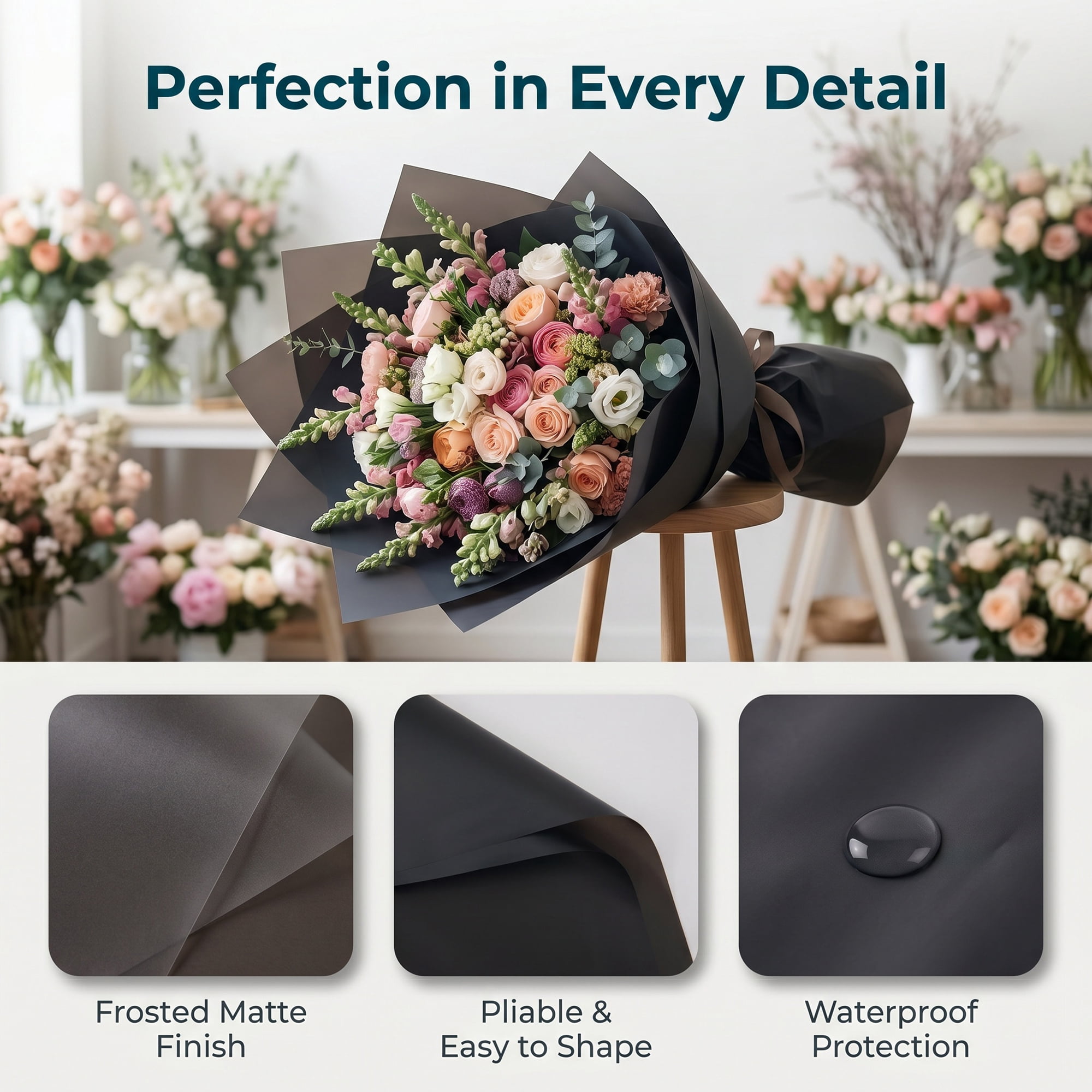 Unique Bargains 20Pcs Solid Color Waterproof Gift Wrap Paper Black 22" x 22"