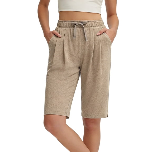 KIHOUT Women's Solid Color Knee-Length Casual Yoga Shorts Elastic Drawstring Waist Side Pockets Plus Size Athletic Lounge Shorts