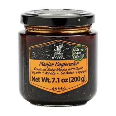 FUEGO MEXIKA® | Manjar Emperador - craft Mexican Salsa Macha: Chipotle, Morita Chili Peppers & Garlic, roasted and bathed in virgin Olive Oil.