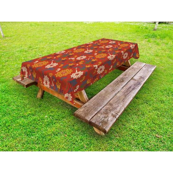 Vintage Outdoor Tablecloth Asian Flower Silhouettes On A Half