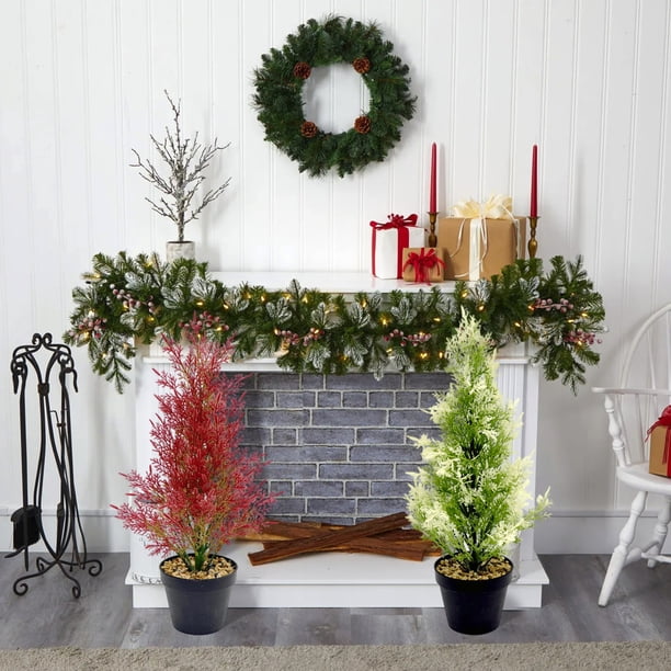 Adornos Artificiales de Cedro para Árbol de Navidad - Plantas Artificiales de Plástico Rojo y Verde de 45 Cm para Decoración Del Hogar, Escritorio, Oficina y Exteriores
