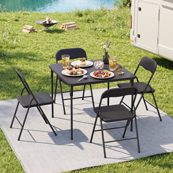 Dkelincs 5 Piece Black Folding Card Table and Chair Set, Portable Dining Set with Square Table & 4 PU Padded Foldable Chairs for Kitchen Camping Party
