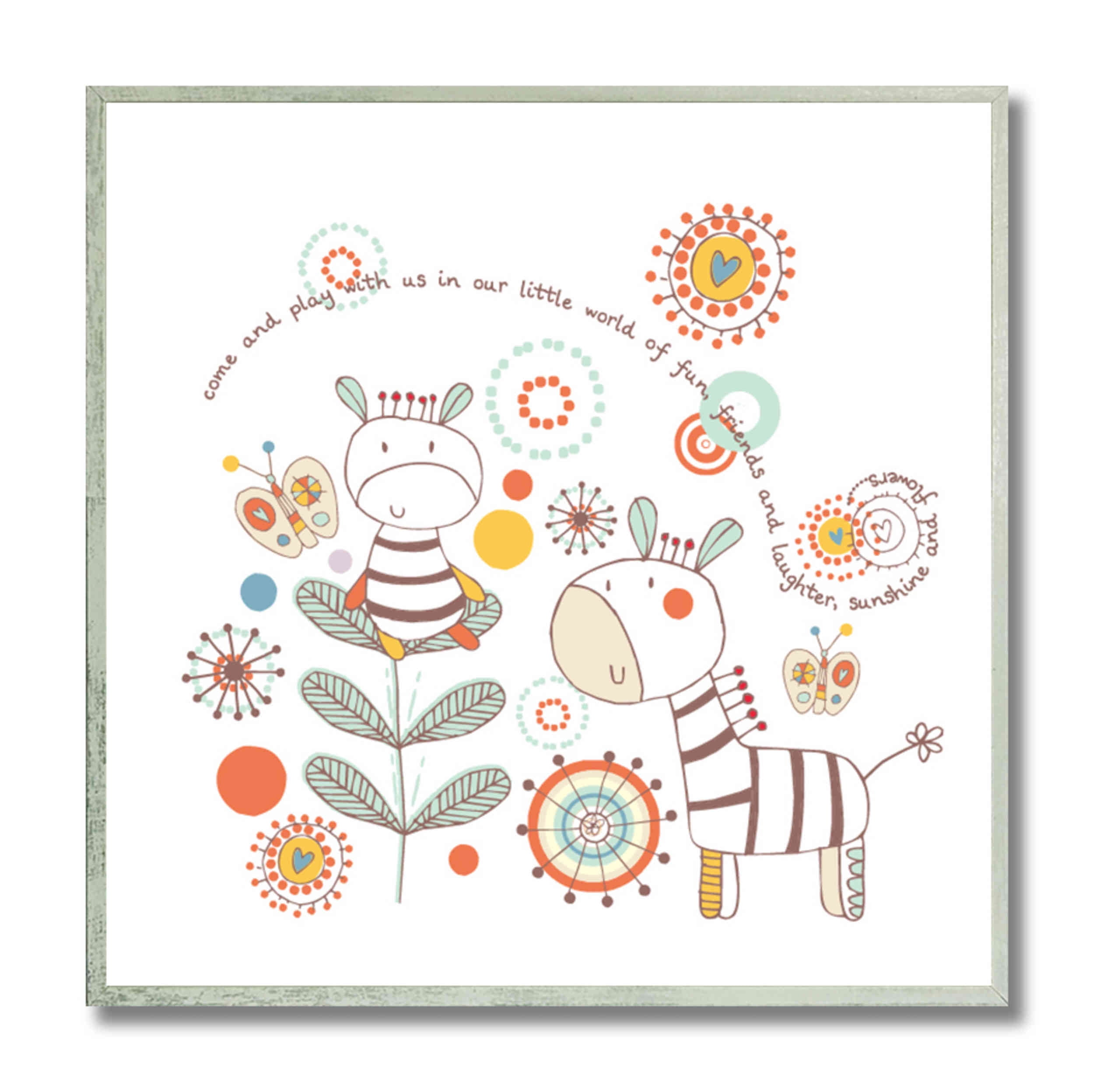 Playful Zebras Kids Framed Wall Art in Distressed Gray Frame