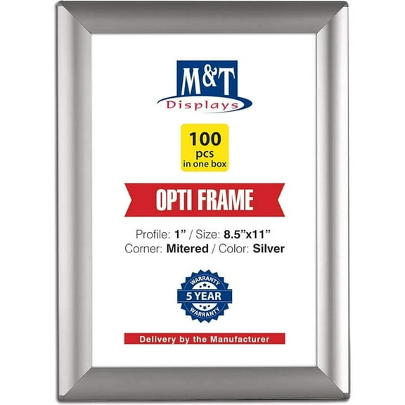 Opti Snap 8.5x11 Silver Poster Frame 1" Aluminum Profile Wall Mount Photo Document Certificate Holder - 100 Pcs