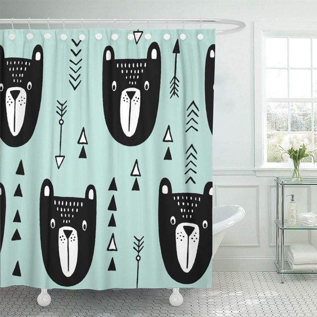 Cortina de ducha ABPHQTO con estampado de Osos Tribales Flechas y Triángulos Negro Menta 160x180 cm