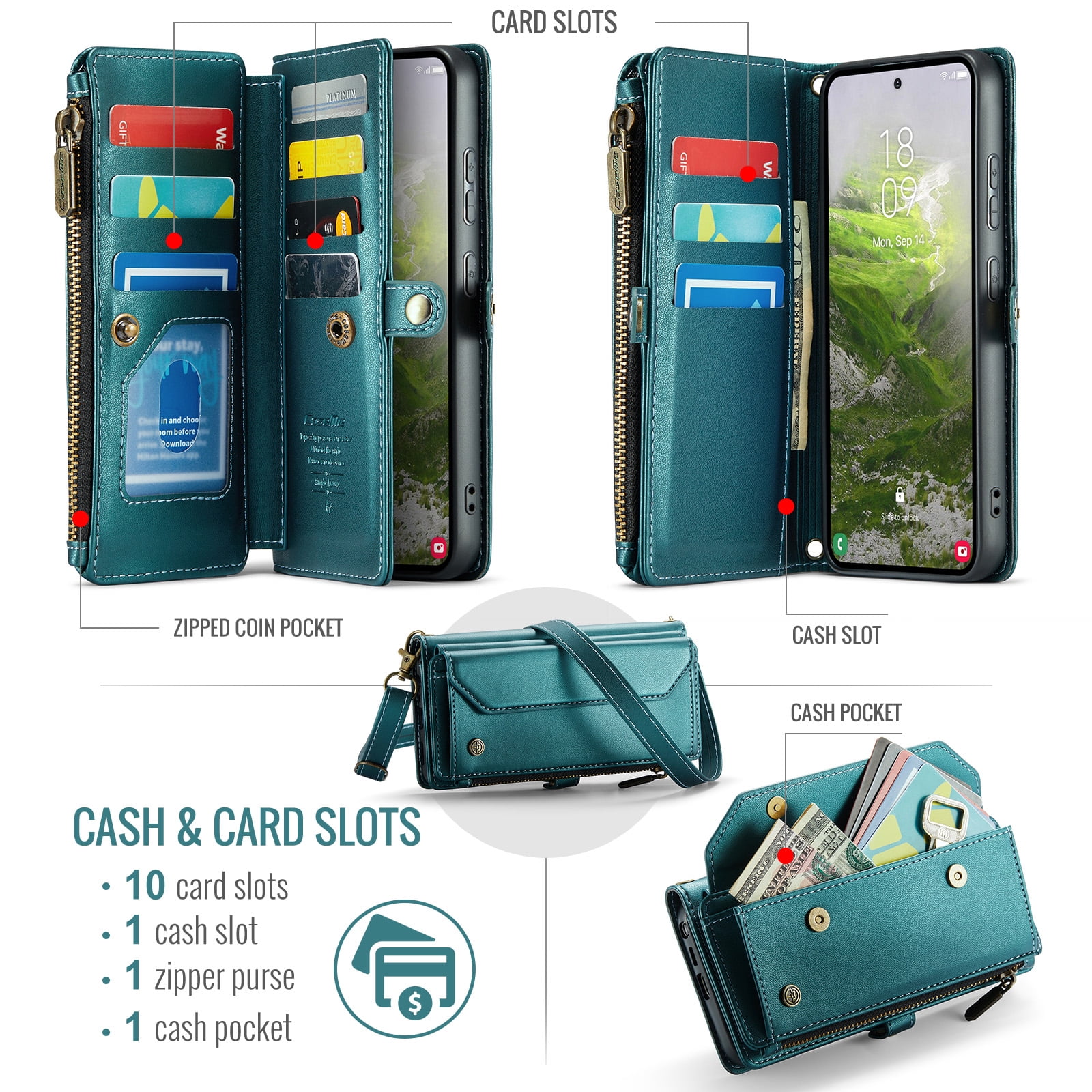 Decase Wallet Case for Samsung Galaxy S26,Flip RFID Blocking Shockproof TPU Cover with 10 Card Slots,Cash Slot,Zipper Coin Pocket,Crossbody PU Leather Phone Cover,Green