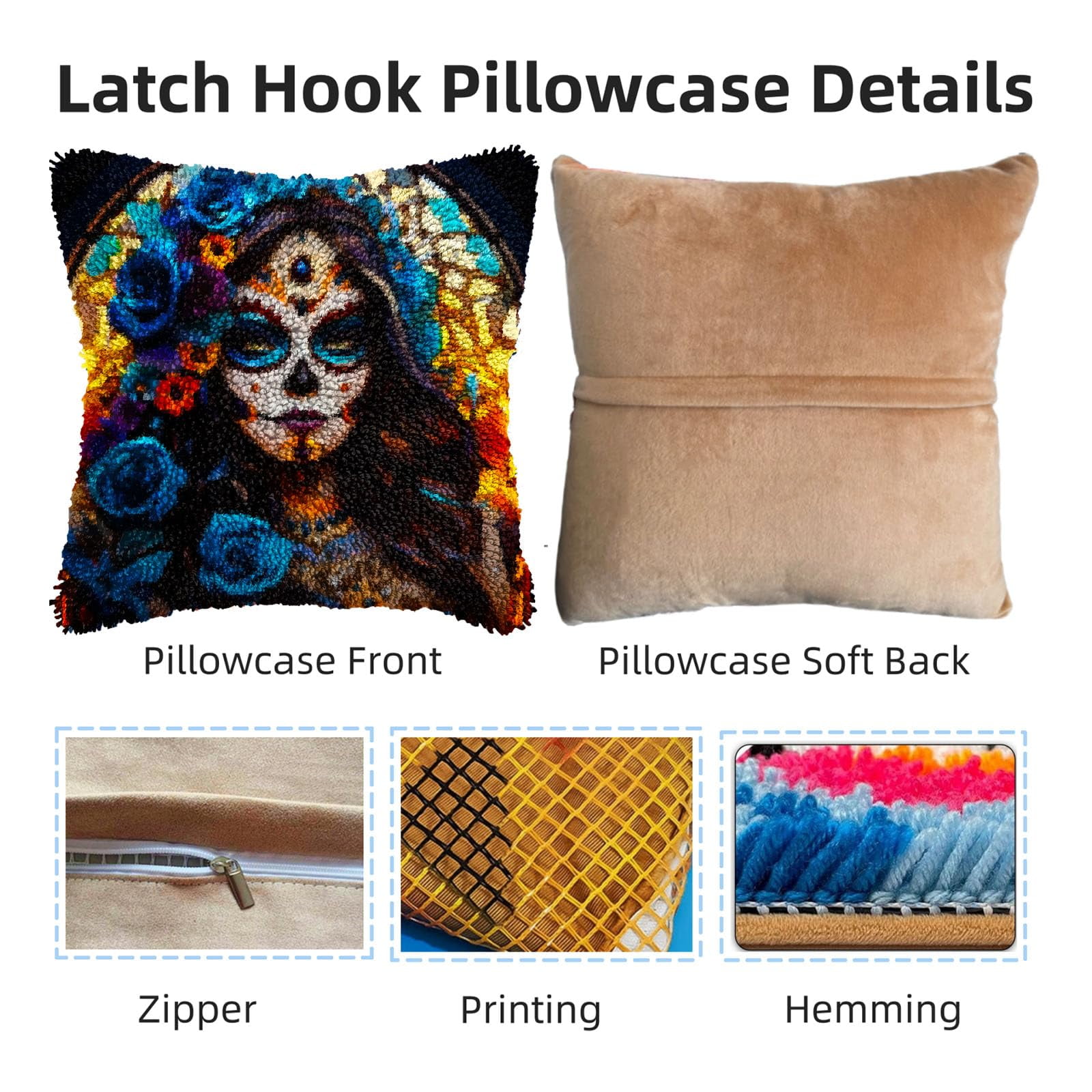 Skull Woman Beauty and Rose DIY Latch Hook Pillow Kits for Adults Printed Pillowcase Crochet Yarns Hooking Handmade Pillow Cover Cushion for Home Sofa Decoration 17x17inch