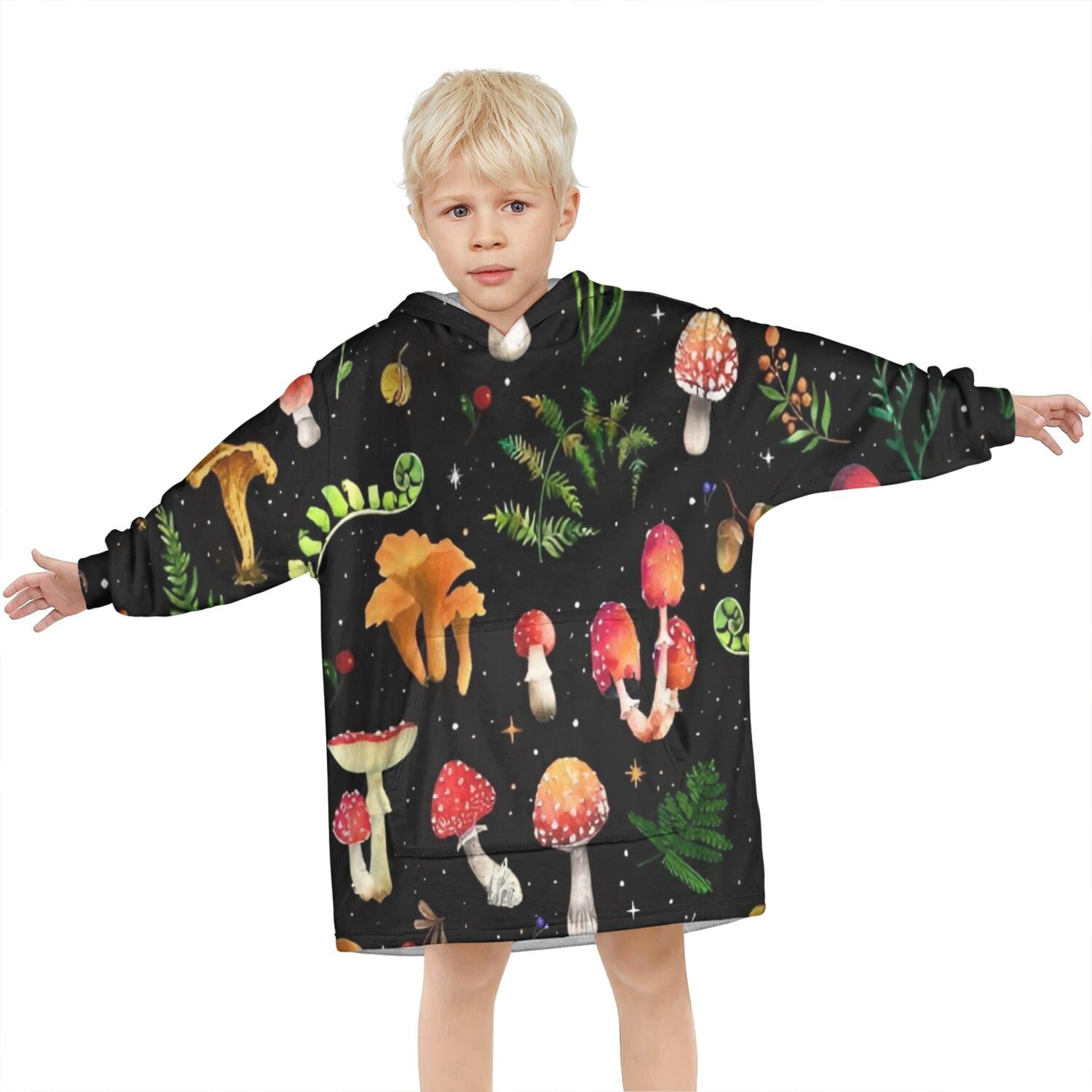 Red Mushroom Plant Black Pattern Blanket Hoodies for Kids 6-13YR Oversize Wearable Blanket Hoodies for Boys Girls Teens