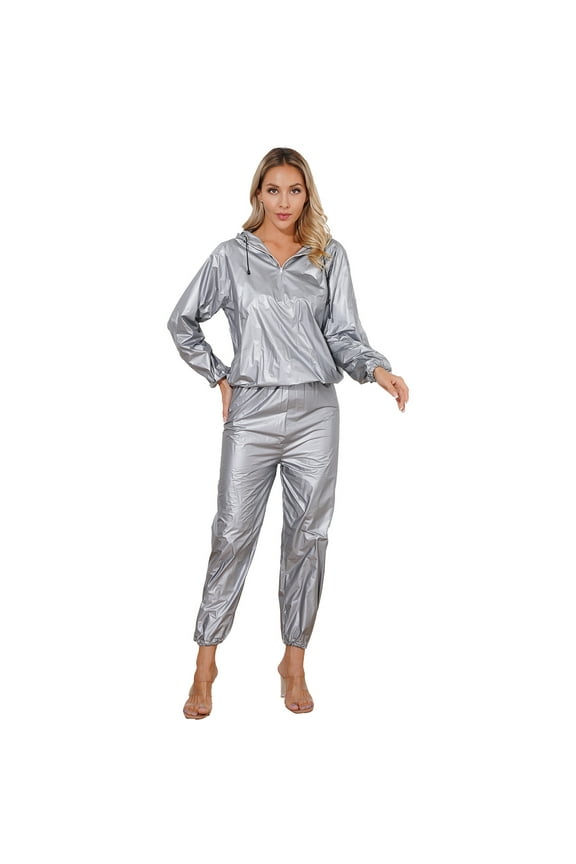 Men Women Sauna Suit Workout Sweatsuit Zip Up Hoodie Slimming Hooded Jacket and Gym Pants Set Silver M