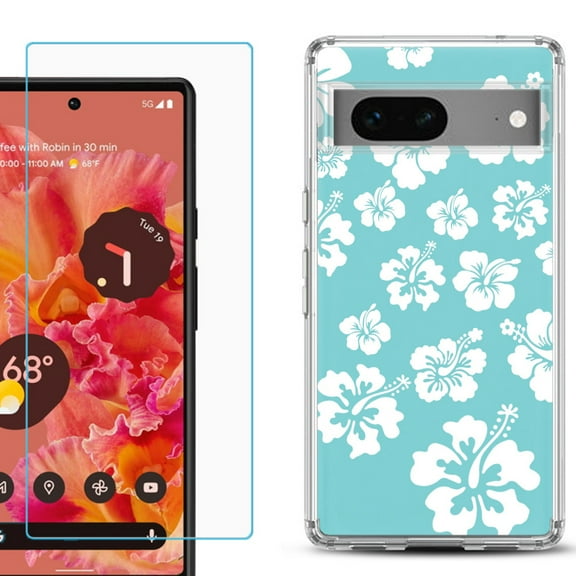 Slim-Fit Gel TPU Phone Case for Google Pixel 7, with Tempered Glass Screen Protector, by OneToughShield ® - Hibiscus Teal