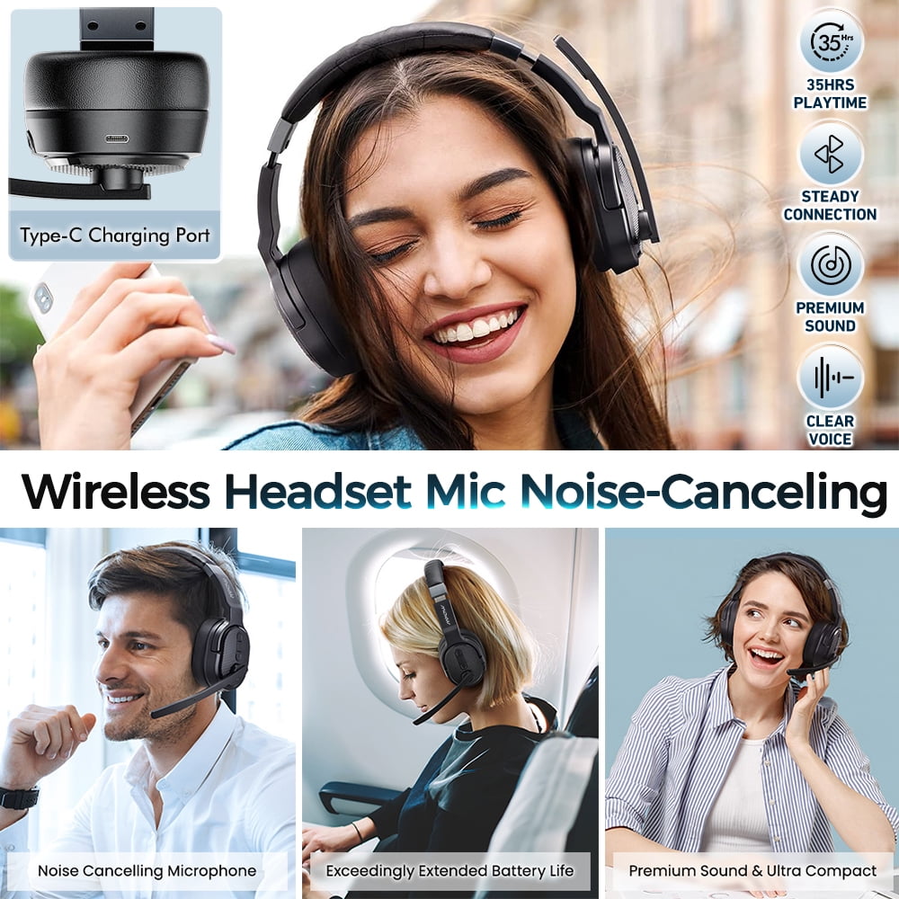 Trucker Bluetooth Headset, Noise Canceling Wireless Single and Dual Ear Headphones Bluetooth with Microphone & Dongle, 3 EQ Music Modes Headphones with Mute for PC Phone Laptop Office Home
