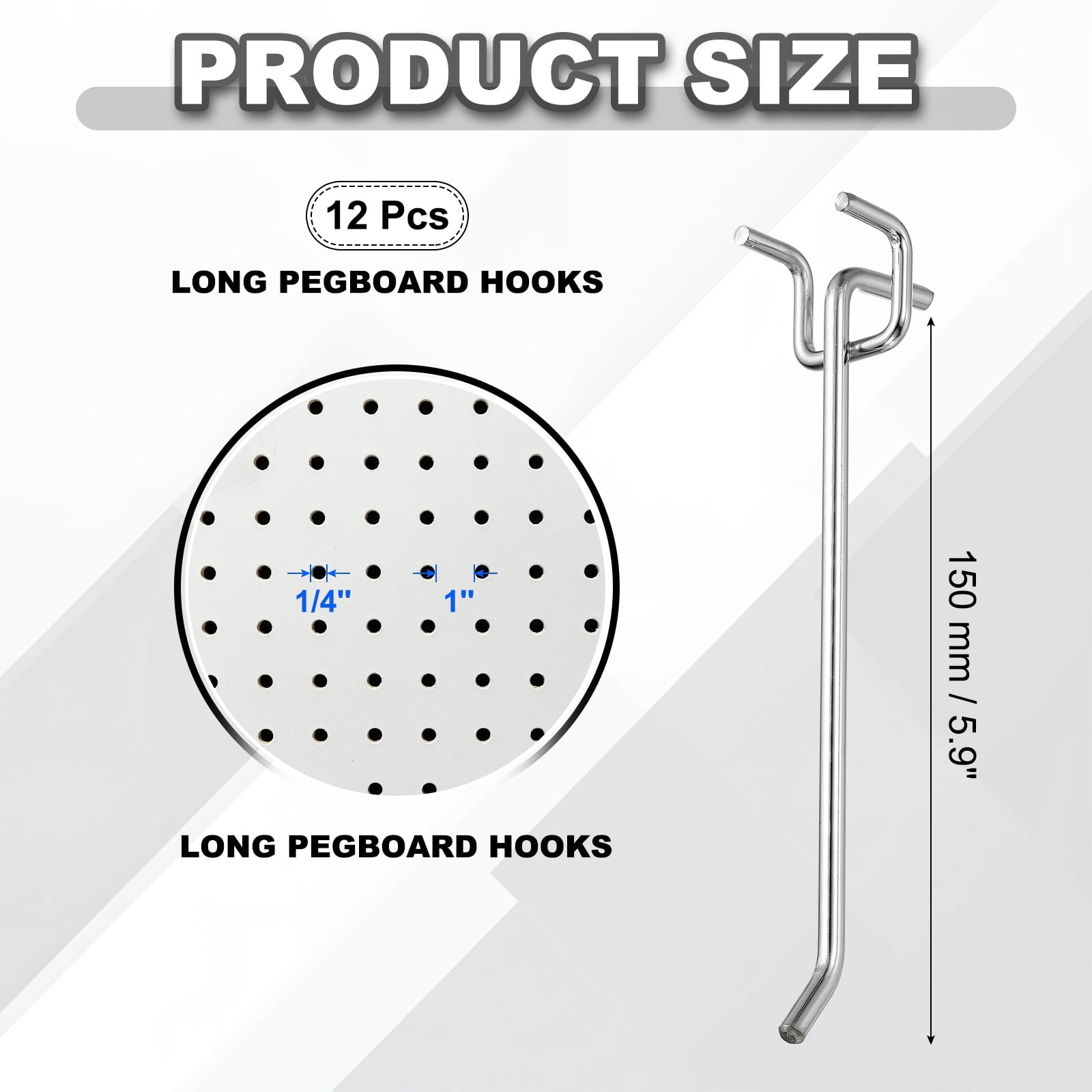 Uxcell 12 Pcs Pegboard Hooks,  5.9 Inch Peg Board Hooks Kit Fit 1/5" Pegboard Garage for Hanging Shelving Tool Storage Craft Organizing, Silver Tone (1mm Hole Dia)