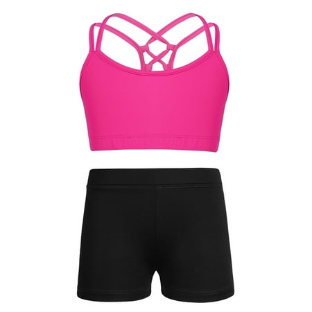 Venjoe Kids Girls Sports Dance Outfits Criss Cross Back Crop Top Bra with Shorts set Gymnastics Rose Red 6